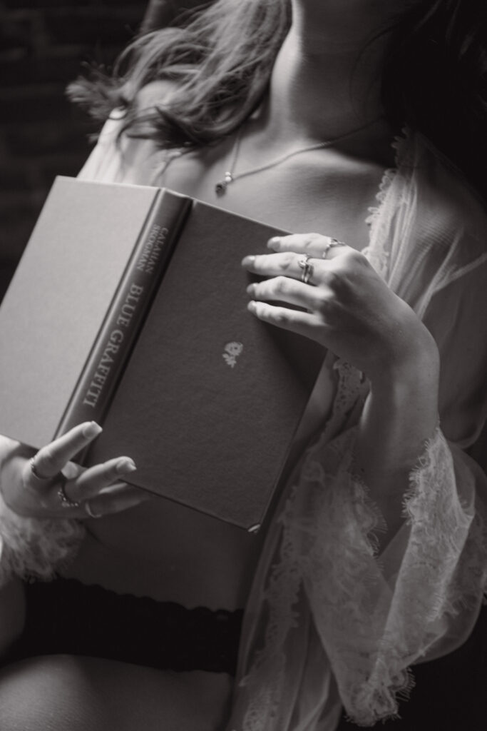 Warm, natural-light boudoir photo captured in my Eugene, Oregon studio - soft textures, calm energy, and authentic emotion