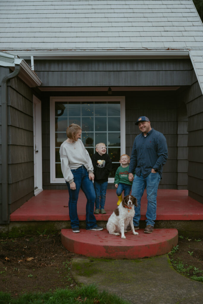 In home family photos with the family walking outside